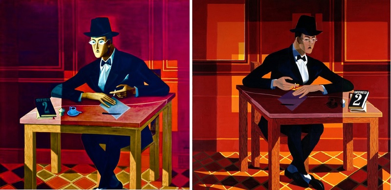 좌) 페르난도 페소아의 자화상(1954) 우) 좌우 반대로 다시 그린 페르난도 페소아의 자화상(1964)